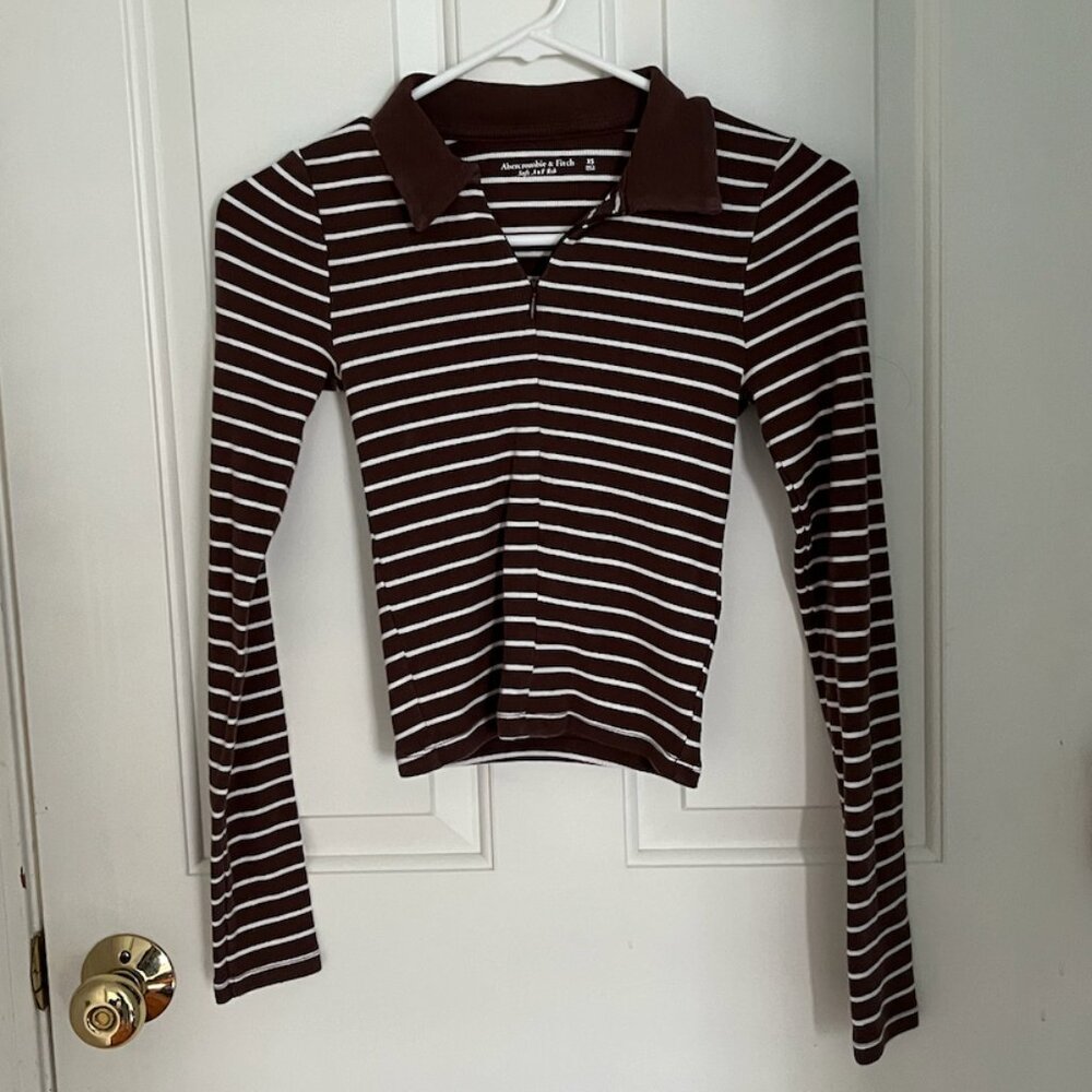 Abercrombie Brown Stripe Long Sleeve Zip Polo Top
